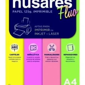 Papel cartulina A4 Fluo 4 colores x20hjs. HUSARES 7953