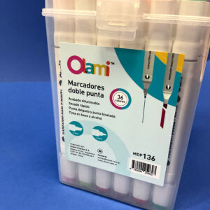 Marcador Artístico Permanente Doble Punta OLAMI – Tonos Surtidos x36 – Estuche plástico – MDP136