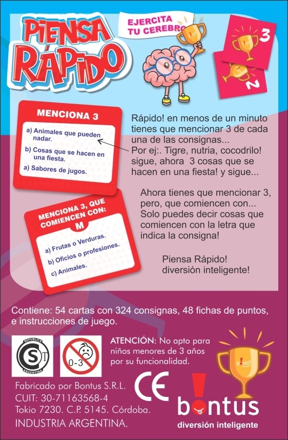 Juego de cartas para ejercitar el cerebro "Piensa rápido" +7 años para 2-4 jugadores- BONTUS - Imagen 2